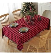Alsoo Red Checkered Tablecloth Rectangle Cotton Linen Fabric Gingham Table Cloth Buffalo Plaid Va...