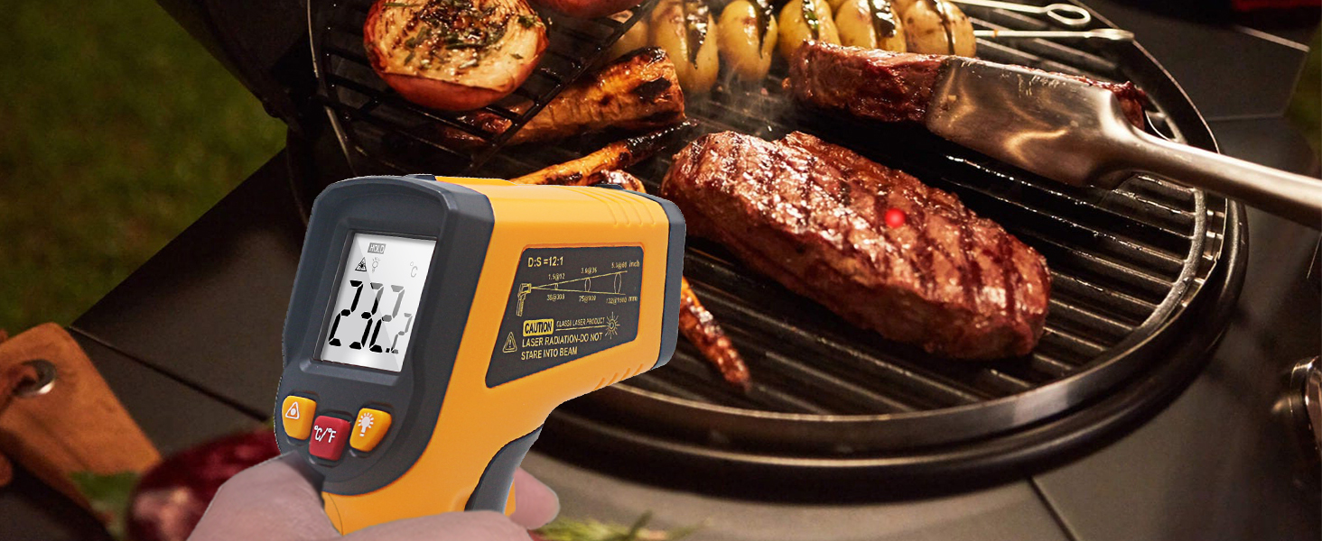 Close-up images of grilling meat on barbecue grill with temperature measurement using digital thermometer with orange display showing temperature readings.