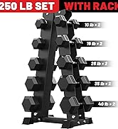 five pairs (10 15 25 35, and 40 lbs) with rack