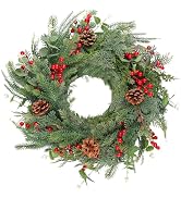 Christmas Wreath for Front Door, 22 Inch Artificial Winter Door Wreath, Xmas Green Norfolk Pine W...
