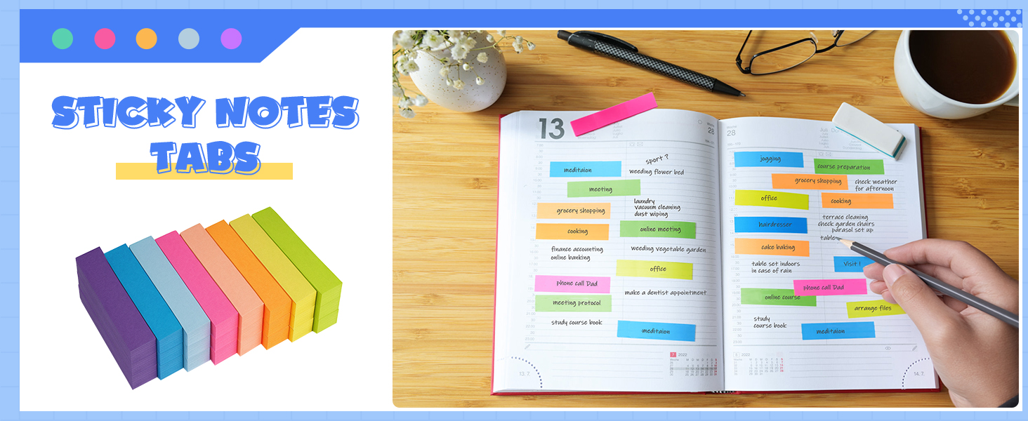 Set of colorful sticky notes in rainbow colors shown both packaged and in use marking pages in an open planner or notebook.
