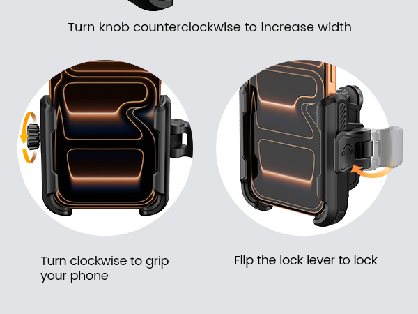 Text reads 'Turn knob counterclockwise to increase width', 'Turn clockwise to grip your phone', 'Flip the lock lever to lock'. Instructions for adjustable phone mount.