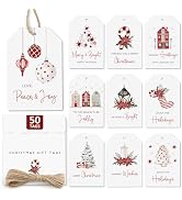 AUDREE 50 Pcs Christmas Gift Tags with String - Elegant Red & White Holiday Tags - Christmas Name...