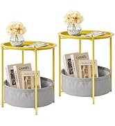 VECELO Round Side/End Table with Fabric Storage Basket,Metal Anti-Rust and Waterproof Small Bedsi...