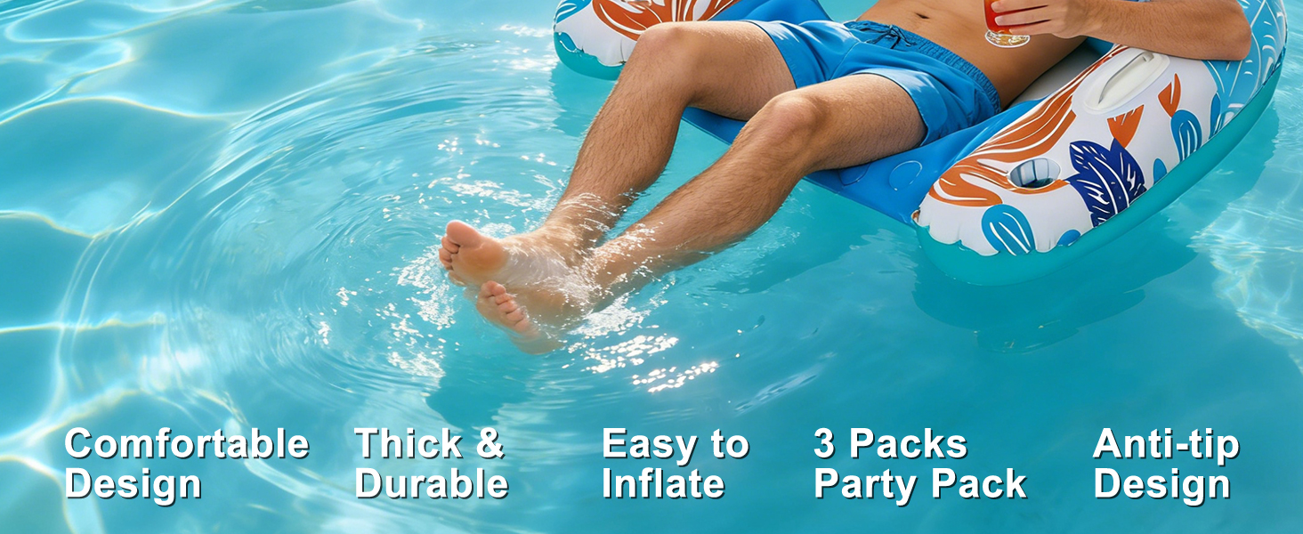 Advantages: Comfortable Design, Thick Durable, Easy to inflate, 3 Packs Party Pack, Anti-tip Design