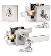 Probrico Square Entrance Lever with Single Cylinder Deadbolt Set Keyed Alike Combo Pack(for Offic...
