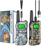 Two camouflage pattern walkie-talkies with LCD displays and USB charging capability. Package shows underwater scene artwork on left side.