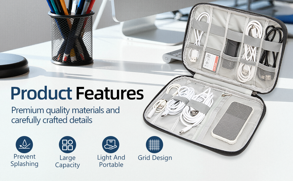 Portable electronic accessories case with splash prevention and large capacity grid design