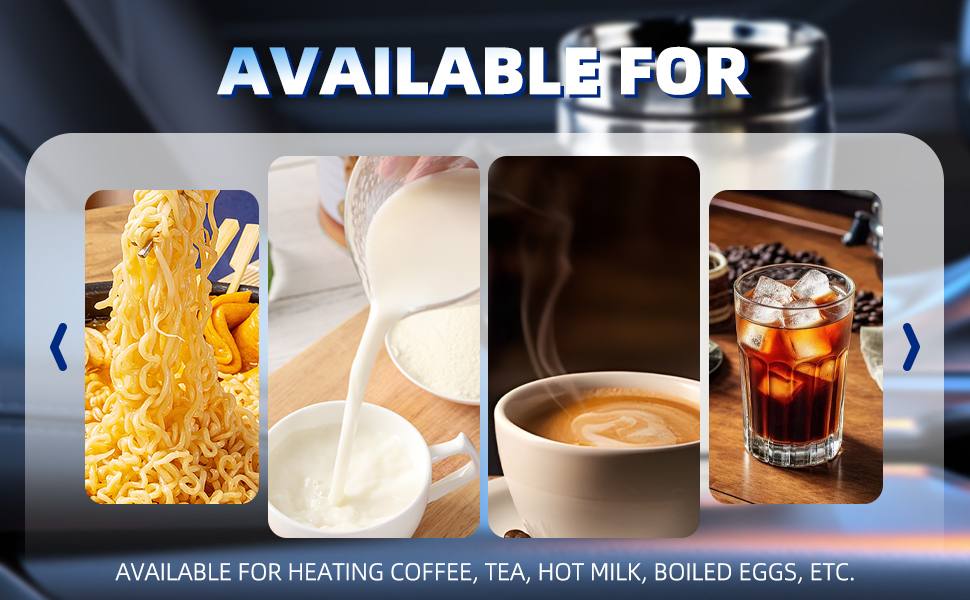 Collage of four food images: steaming yellow noodles, milk being poured, latte with foam art, and iced coffee with coffee beans. Text reads 'Available for heating coffee, tea, hot milk, boiled eggs, etc.'