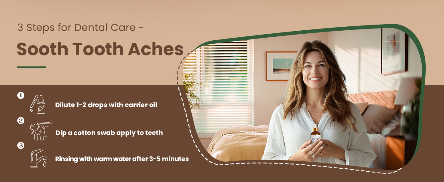 Text reads 'Sooth Tooth Aches' and '3 Steps for Dental Care'. Medical infographic showing treatment steps with illustrative images in warm, brown tones.