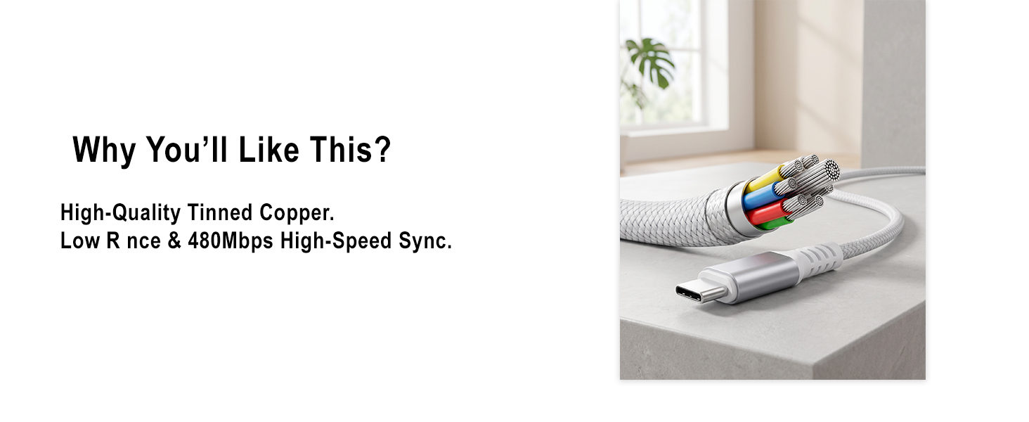 Cross-section displays high-quality tinned copper wires for 480Mbps data sync.