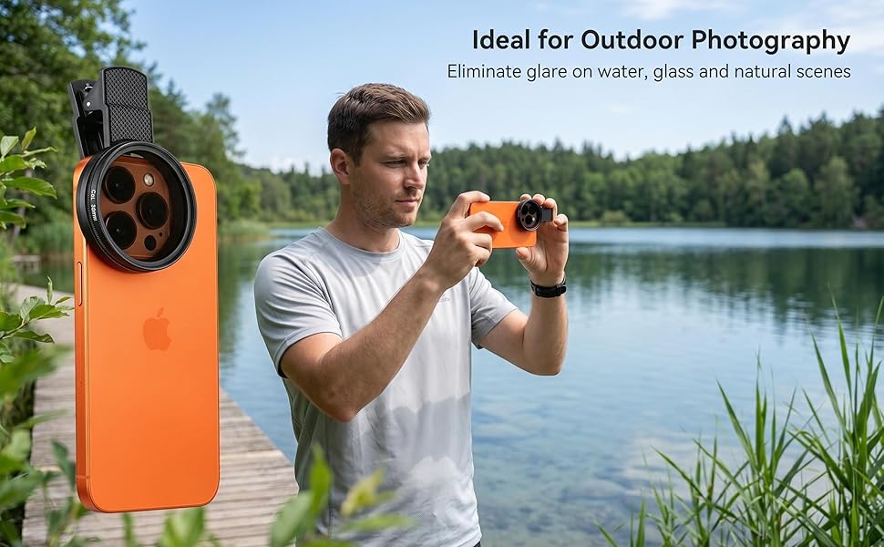 Smartphone with CPL filter used at lakeside to reduce water glare for stunning outdoor photography.