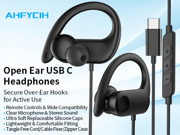 USB C Headphones Over Ear Hook for iPhone 17e 17 Pro Max 16 15, Open Ear Wrap Around Wired Earbuds