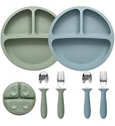 Eascrozn Baby Feeding Set, 2 Pack Silicone Divided Suction Plates for Baby, 2 Pack Spoons and For...