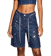 Inroserm Women's Y2K Baggy Wide Leg Rhinestone Bermuda Denim Shorts Mid Rise Summer Sparkly Short...
