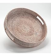 Coffee Table Tray Round Rattan Ottoman Tray Woven Serving Trays with Handles for Home and Kitchen...