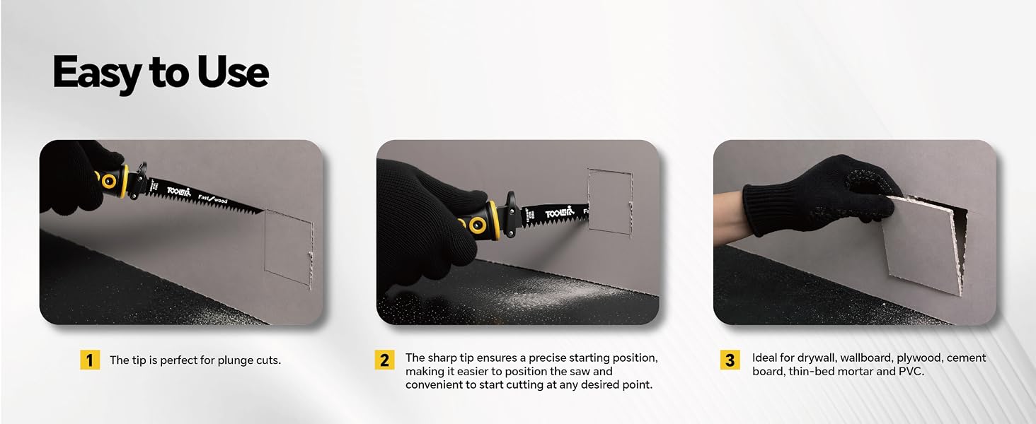 Sharp tip for plunge cutting, precisely cuts drywall, plywood, PVC and boards easily.