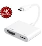 White USB-C to HDMI adapter with 4K resolution support. Compact device with USB-C male connector on one end and HDMI female port on the other.
