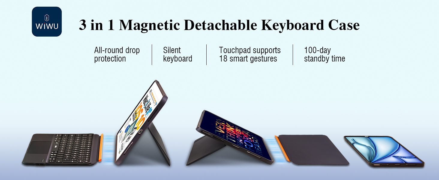 Text reads '3 in 1 Magnetic Detachable Keyboard Case'. Product images showing tablet keyboard case in various configurations with backlit keys.