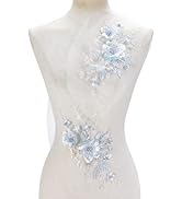HOBBIESAY 2PCS Blue Flower Lace Applique Beaded Pearl Lace Applique Beaded Flower Patches Iron on...