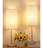 JUNNAI Small Table Lamp, Bedroom Lamps Set of 2, 3 Way Dimmable Bedside Lamps with Marble Base & ...
