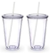 Zukro Clear Acrylic Tumbler with Straw and Lid 16 oz, Double Walled Insulated Reusable Plastic Ic...