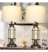 28" Vintage Table Lamps for Living Room, Industrial Farmhouse Table Lamp with USB C+A Ports & Out...