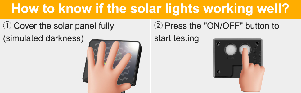 Instructions for testing solar lights: Cover solar panel to simulate darkness, then press ON/OFF button to start testing. Illustrated with hand gestures on device panels.