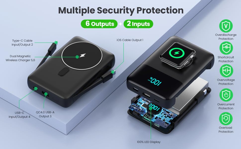 Magnetic Portable Charger 10800mAh for iPhone with Built-in Cables