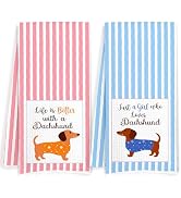 JOQUXI Dachshund Quote Kitchen Dish Towels 16x24 Inch Set of 2, Pink & Blue Stripe Sausage Dog Ph...