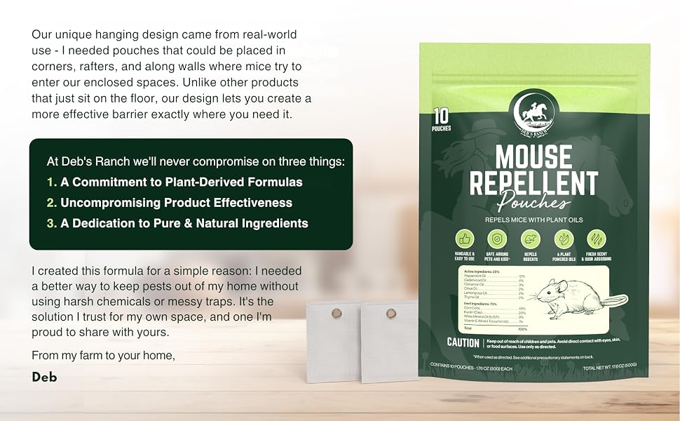 Easy to use hanging mouse repellent pouches. Place anywhere design is an effective rodent barrier