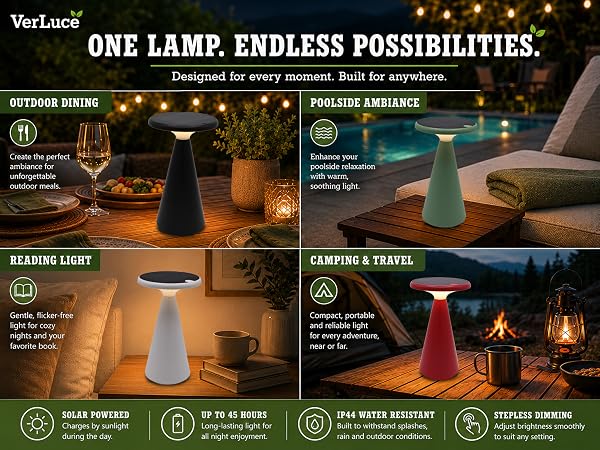 VerLuce portable solar lamp can be used anywhere indoors or outdoors - dining, camping, reading.