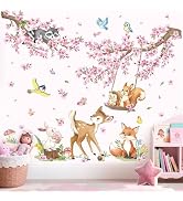 decalmile Woodland Animals Pink Flower Wall Stickers Cherry Blossom Branch Deer Fox Wall Decals B...