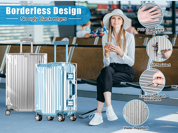 Text reads 'Borderless Design'. Product image shows silver aluminum luggage with circular feature callouts highlighting wheel system, handle, and surface texture details.