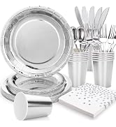 Gudvilla Silver Party Supplies Silver Plates Disposable Dinnerware Set,168pcs Party Plates Silver...