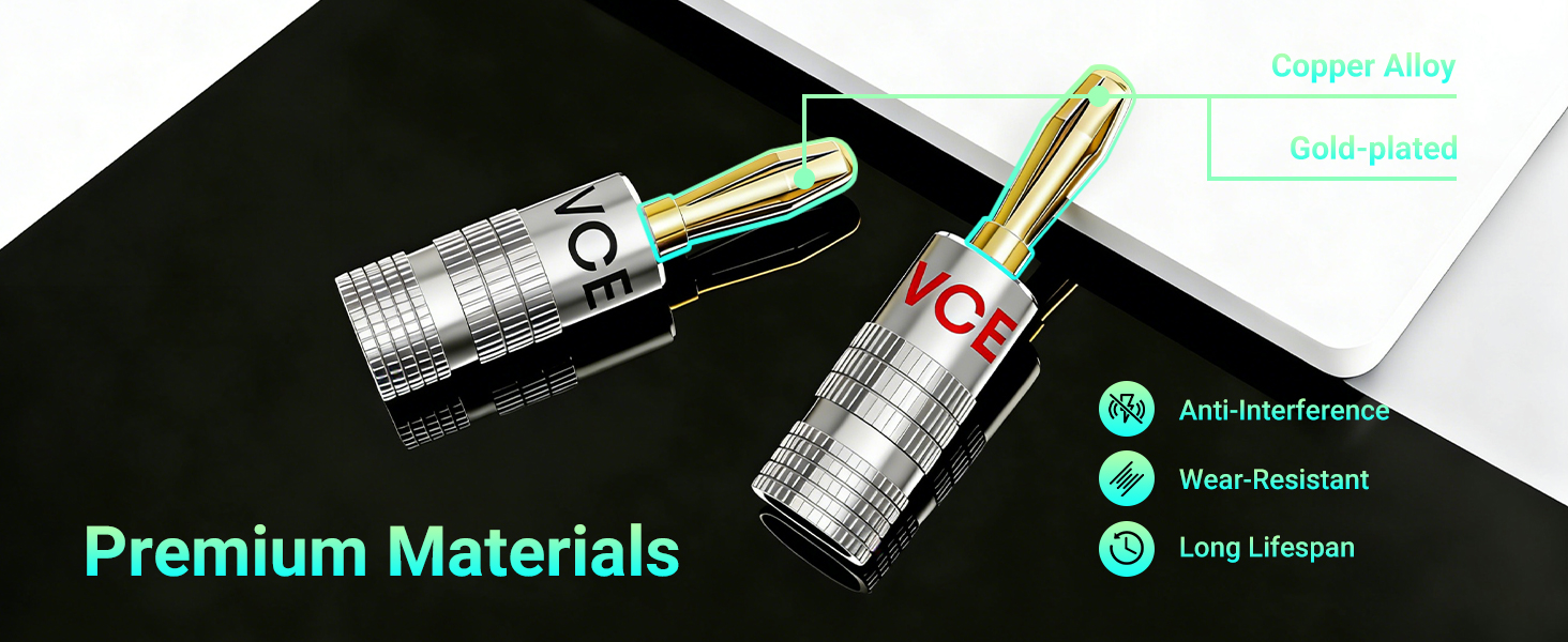 Text reads "Premium Materials" with checkmarks. Flat lay showing cosmetic products including lipstick and nail polish on black and white background with product feature indicators.