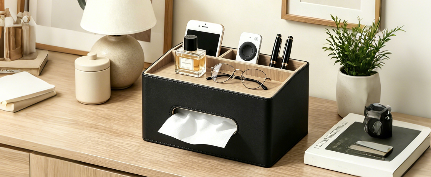 Fanousy Rectangular Tissue Box Cover, PU Leather Facial Tissue Holder with Storage Tray