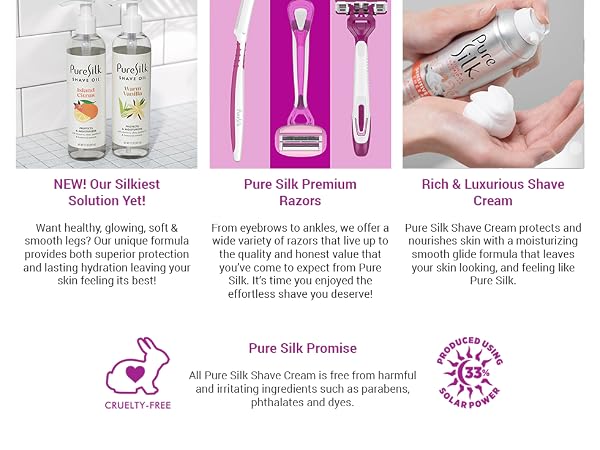 Pure Silk shave oil, razors, and shave cream