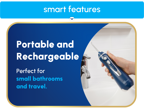 Image of Waterpik Cordless Advanced water flosser with text reading portable & rechargeable.