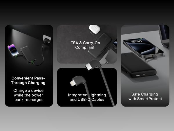 Image of power block with usb c cables with text reading convenient pass through charging.