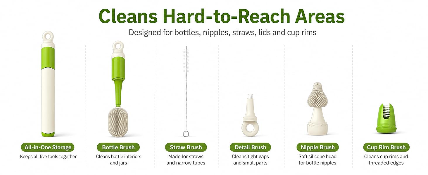 Silicone bottle and nipple brushes with precision tools