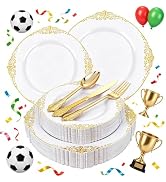 Joyido 125PCS White and Gold Plastic Plates - Gold Disposable Plates with Plastic Silverware - Vi...