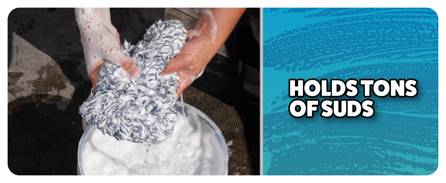 Car wash mitt rinsed in bucket filled with foam soap showing high sud retention for cleaning
