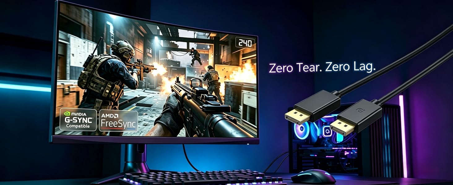 QCEs DP Cable, G-SYNC & FreeSync, Zero Tear, Low Lag Gaming