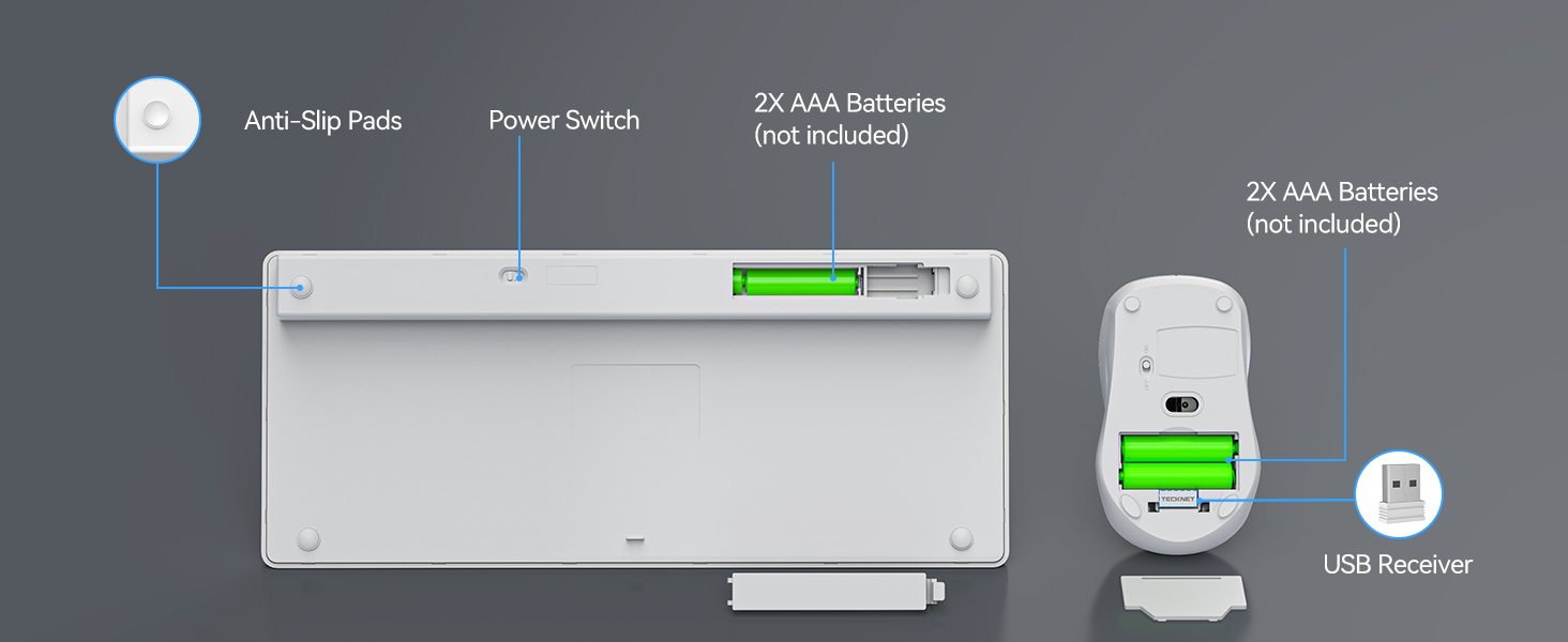 Wireless keyboard with anti-slip pads, power switch, and battery indicator. Accompanying wireless mouse with battery indicator and USB receiver. Both devices use AAA batteries.