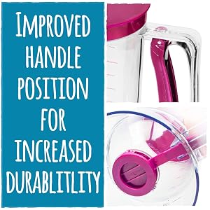 batter dispenser with measuring label with improved handle