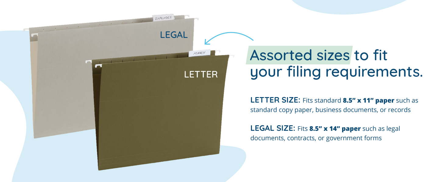 Legal and letter size hanging file folders with usage examples
