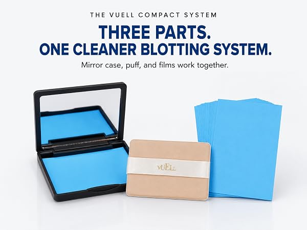 VUELL compact system with mirror case, puff and oil blotting films