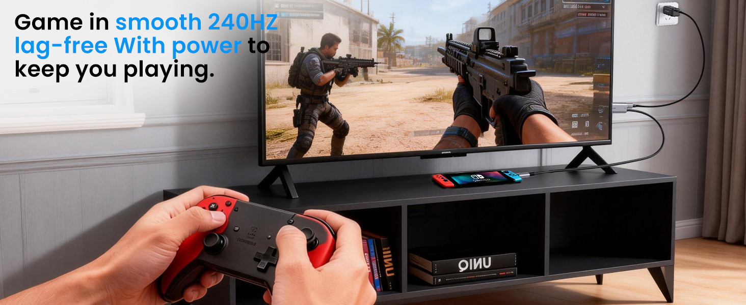 Gamer playing Switch 2 on TV with SOLLPEL USB-C to HDMI 2.1 cable for smooth 240Hz and charging