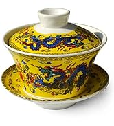 vv8oo Gaiwan Teacup 7oz Chinese Dargon Sancai Cover Bowl Lip Saucer Set for Gongfu Tea (Yellow)